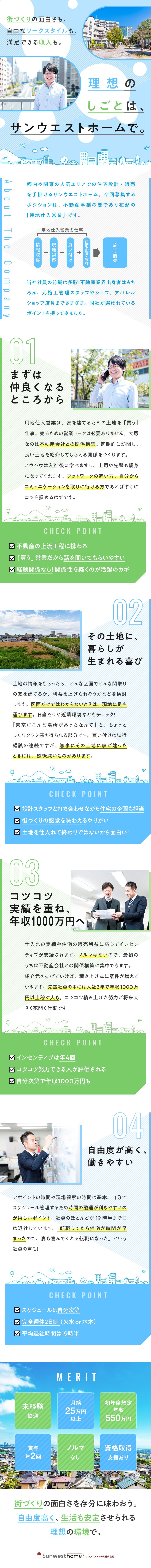 サンウエストホーム株式会社 住宅用地仕入 未経験入社8割 ノルマなし 年休110日以上 勤務地 江東区のpick Up 転職ならdoda デューダ