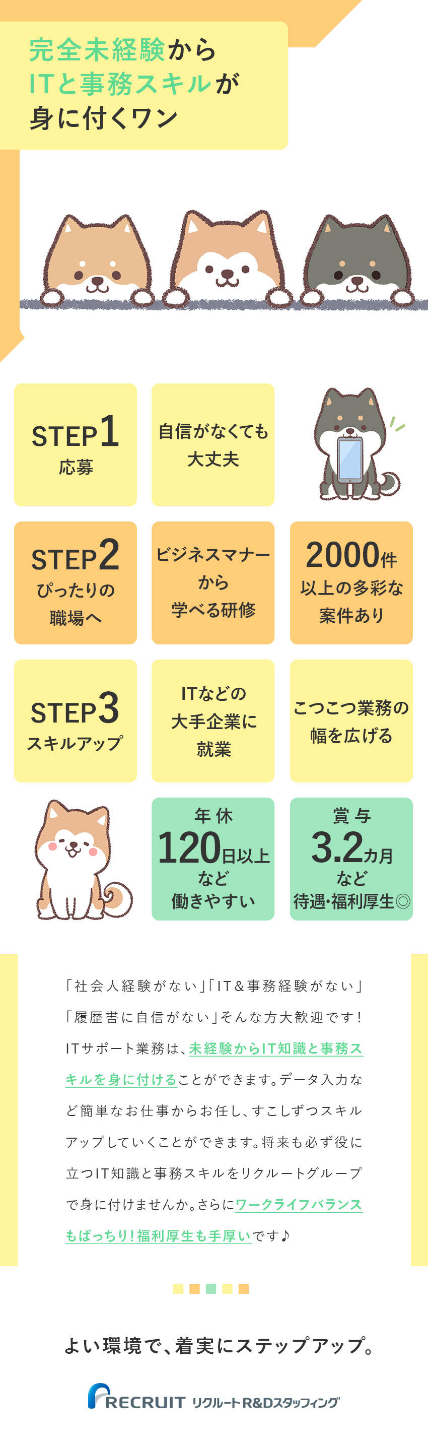 サポート業務から！★IT知識×事務スキルが身につく／2000件以上の案件あり★大手企業プロジェクト多数／完全週休2日制／スキルアップ研修あり／退職金制度／株式会社リクルートＲ＆Ｄスタッフィング(リクルートグループ)