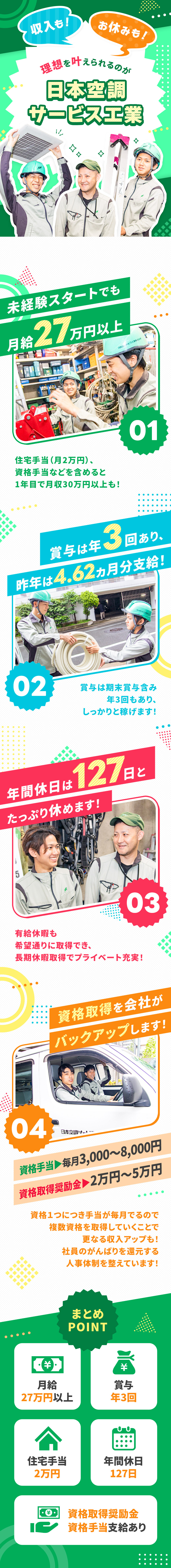 日本空調サービス工業株式会社 ビル設備の維持管理／未経験歓迎／月給27万円／年休127日