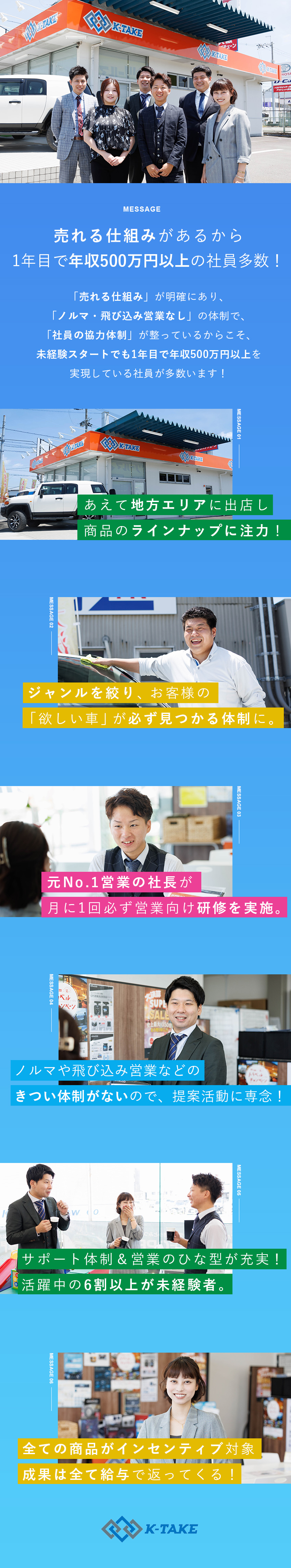 株式会社Ｋ‐ＴＡＫＥ 未経験OKの中古車営業／1年目年収500万以上多数／ノルマ無