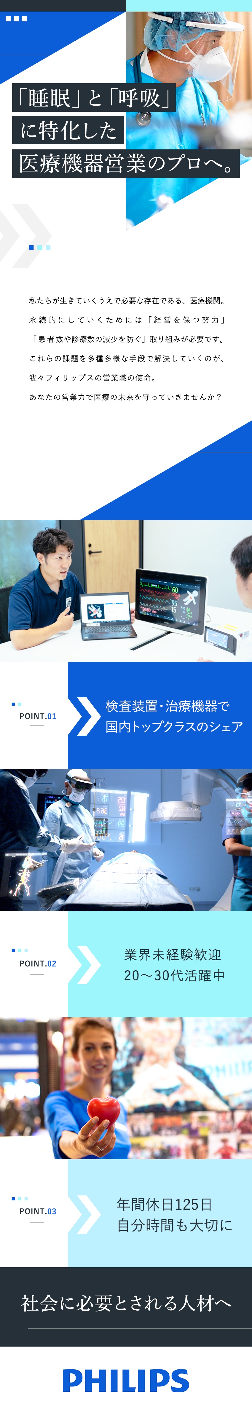 日本法人企業／検査装置・治療機器で国内トップクラス／社会貢献性／睡眠・呼吸の医療機器で在宅医療を支える／働き方／研修制度あり・年休125日・土日祝休み／株式会社フィリップス・ジャパン