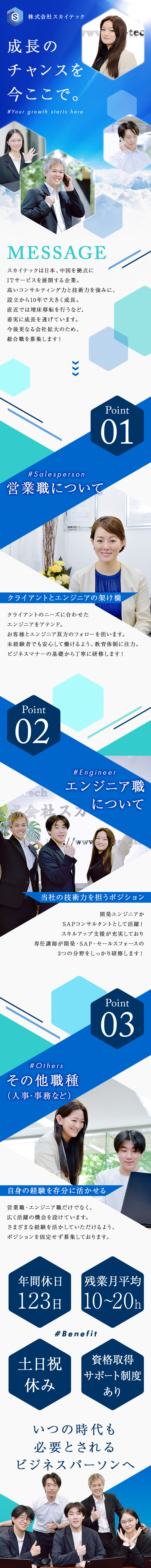 安定基盤│需要の高いIT業界×設立10年の成長企業／成長環境│未経験者向けの研修・キャリア支援に注力／働きやすさ│年休123日・残業月10～20h程度／株式会社スカイテック