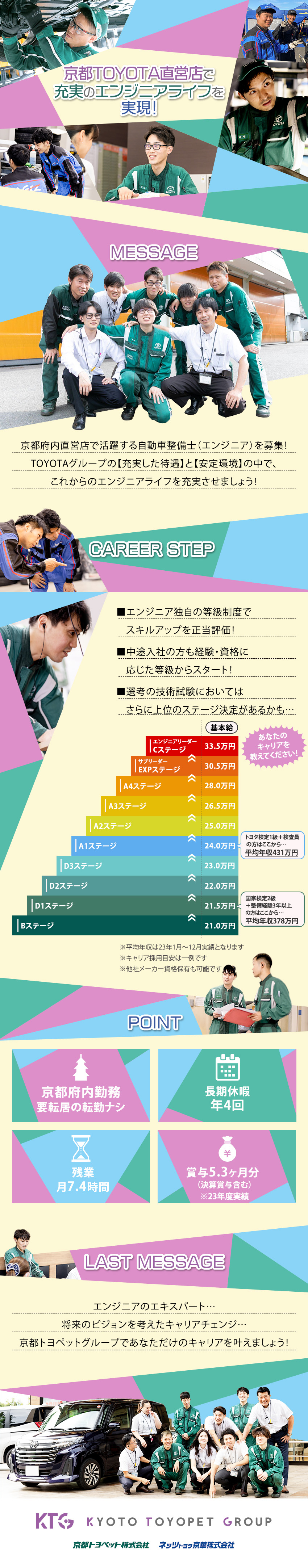 【会社】ショールームを運営するトヨタ正規ディーラー／【仕事】点検・整備から作業内容の説明まで幅広く担当／【環境】年休113日＆残業月7.4hでオフも充実！／京都トヨペットグループ（京都トヨペット・ネッツトヨタ京華）【合同募集】