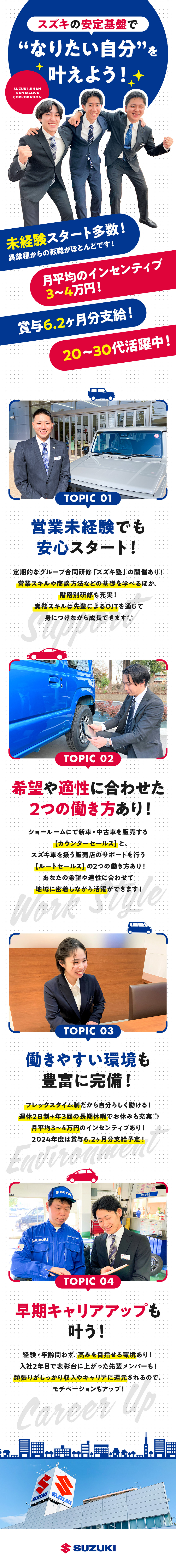 【未経験歓迎◎】経験・年齢問わず、大歓迎！／【地域に密着！】神奈川県で安定して働ける環境◎／【働きやすさ◎】賞与6.2ヶ月分！／フレックス制度／株式会社スズキ自販神奈川