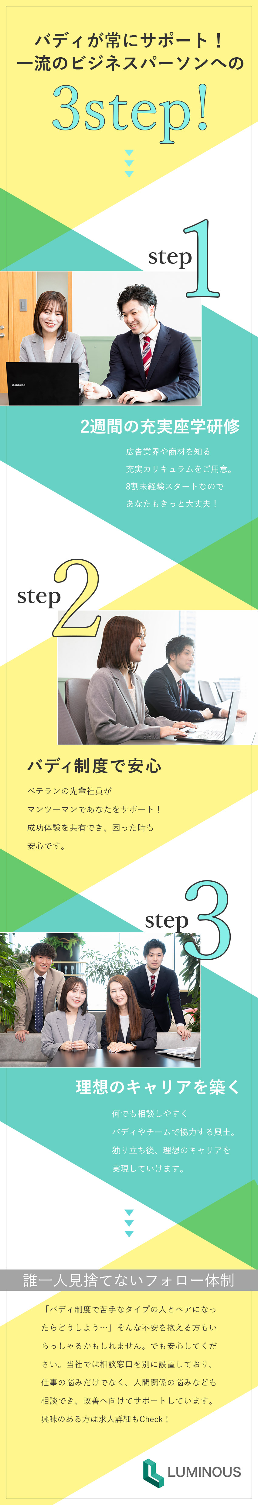 【未経験育成実績豊富】2週間の充実研修&バディ制度／【働きやすさ◎】ゆったり11時出勤&直行直帰OK！／【稼げる仕組み充実】インセンティブ＋賞金あり／株式会社ルミナス