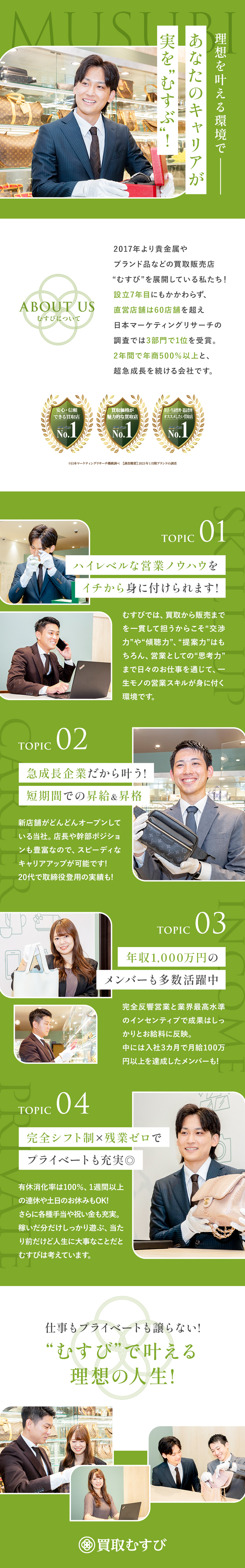 未経験からでも大丈夫！鑑定スキルが身に付く充実研修／1年目から年収1,500万円可！業界高水準インセン／年功序列一切なし！最短2ヵ月の昇格実績有◎／株式会社むすび（買取むすび）