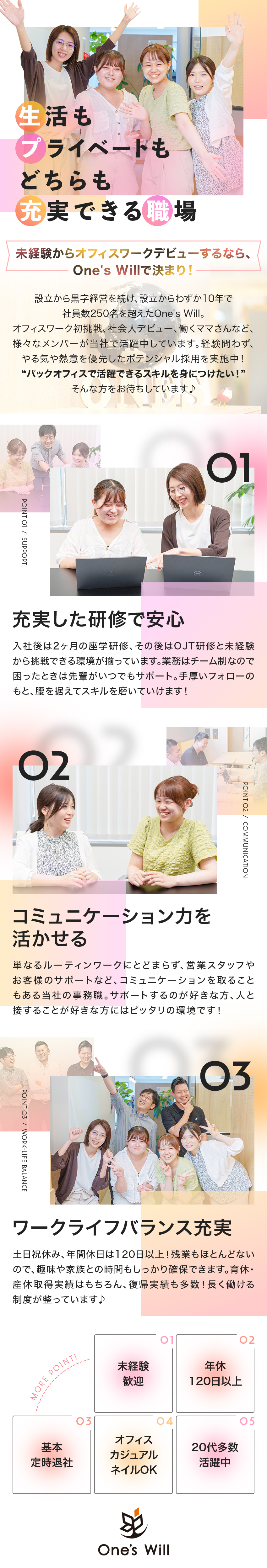 ★完全週休2日制／年休120日以上／残業ほぼなし／★ほぼ100%未経験スタート！充実した研修で安心◎／★産育休取得＆復帰実績多数！腰を据えて長く働ける♪／株式会社Ｏｎｅ’ｓ　Ｗｉｌｌ