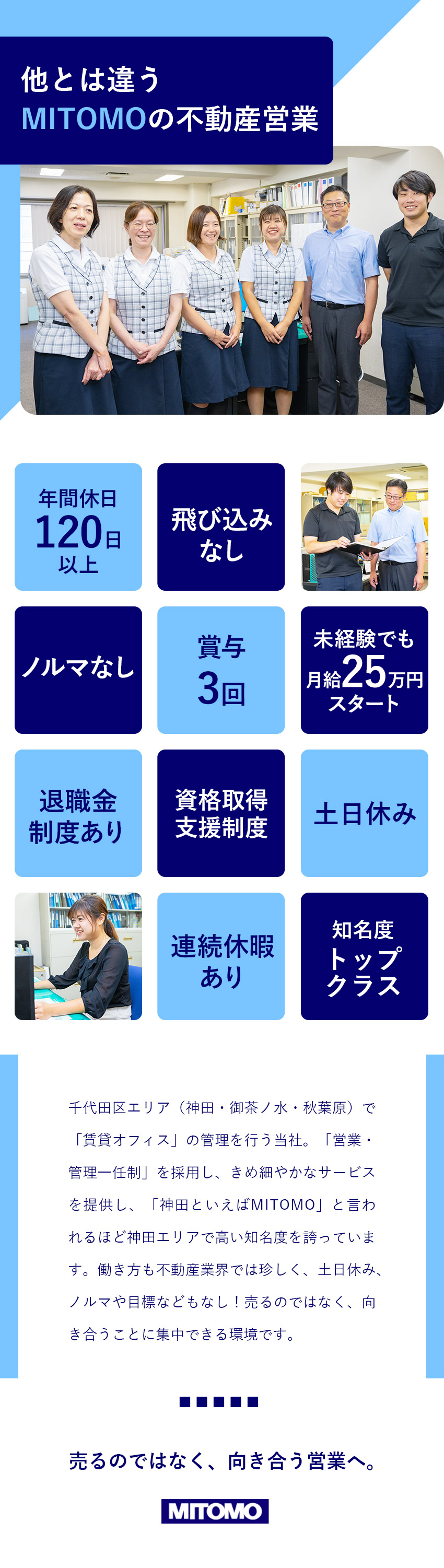 【地域密着】創業60年以上の老舗不動産会社／【3つのなし】ノルマ・残業・テレアポなし！／【働きやすさ】土日固定休／年休120日／賞与年3回／株式会社ＭＩＴＯＭＯ