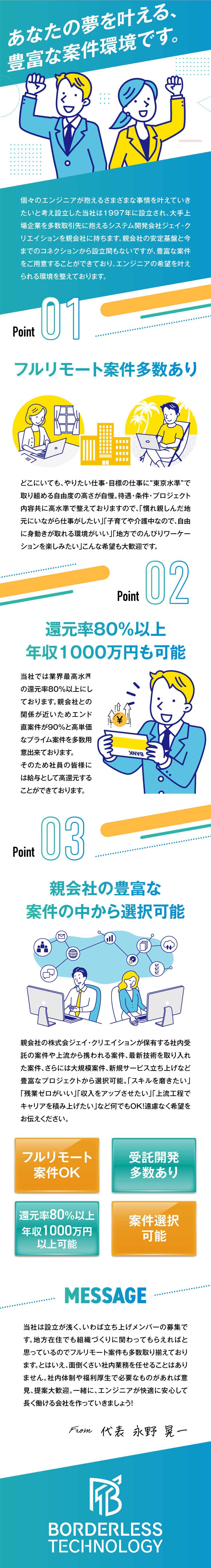 《全国どこからでも勤務OK》フルリモート案件多数！／《働きやすさ◎》残業月10h以下／年間休日127日／《成長を支援》収入＆キャリアアップを徹底サポート／株式会社ボーダーレステクノロジー