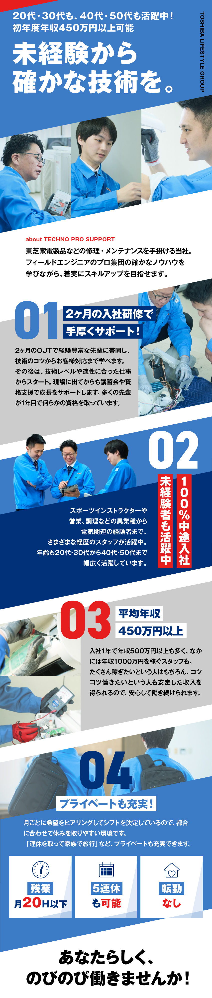 20代～50代活躍中！初年度年収450万円以上可能／研修2ヵ月あり！一人ひとりに合わせた研修で安心！／残業月20h以下！5連休も可！長く安定して働けます／テクノプロサポート株式会社(東芝ライフスタイルグループ)