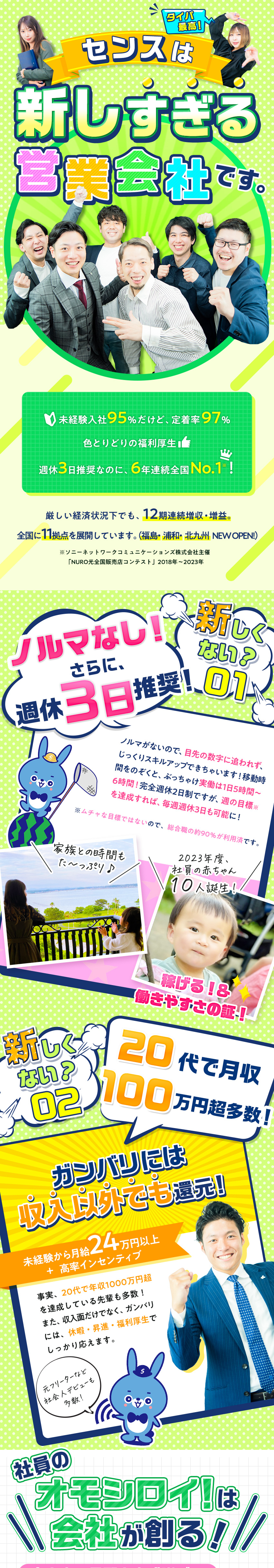 ノルマなし＆週休3日推奨でも、月収100万円超多数／95％が未経験でも定着率97％！6年連続全国1位！／一人ひとりに合わせて、研修内容をカスタマイズ！／センスグループホールディングス株式会社