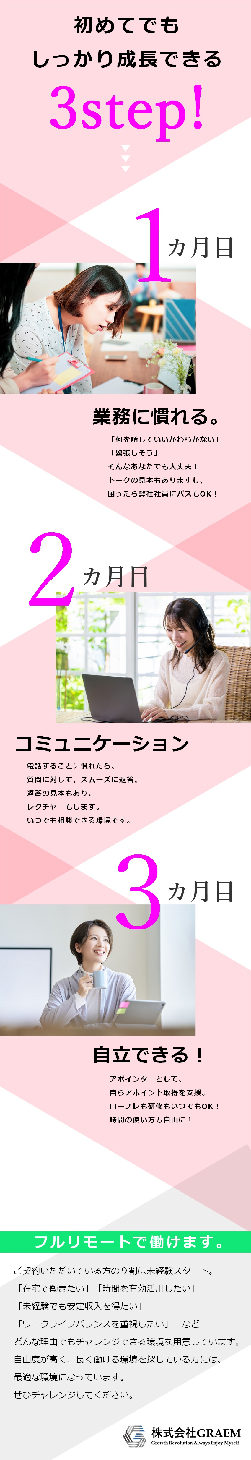 1アポ8,000円～＋受注報酬有！時給制も選べる♪／未経験歓迎★研修充実！１名に１名の専任サポート有！／全国から応募OK★完全在宅！時間・休みも希望通り！／株式会社GRAEM