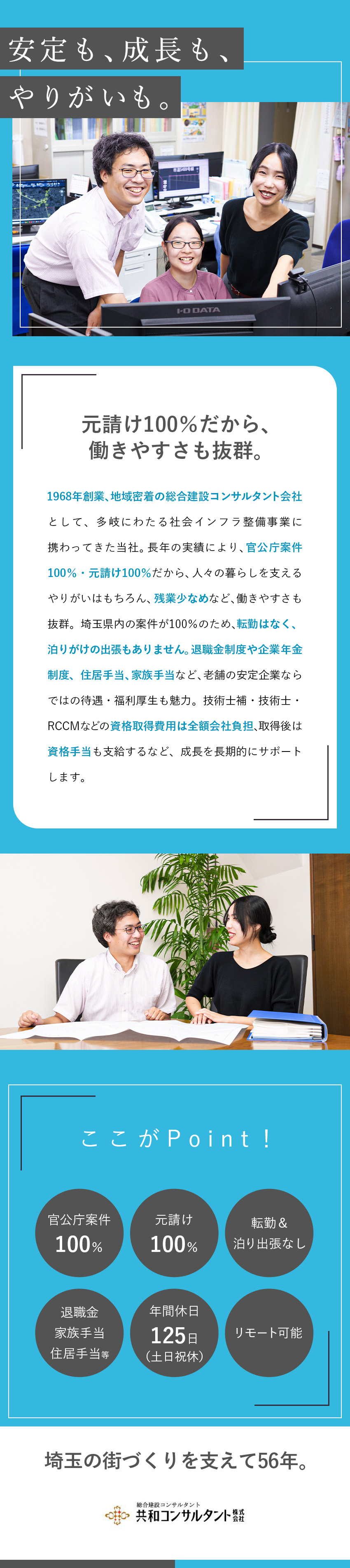 官公庁案件100％・元請け100％の安定企業／経験の浅い方も歓迎／20代～50代が活躍／転勤・宿泊出張なし／退職金・各種手当充実／残業少／共和コンサルタント株式会社