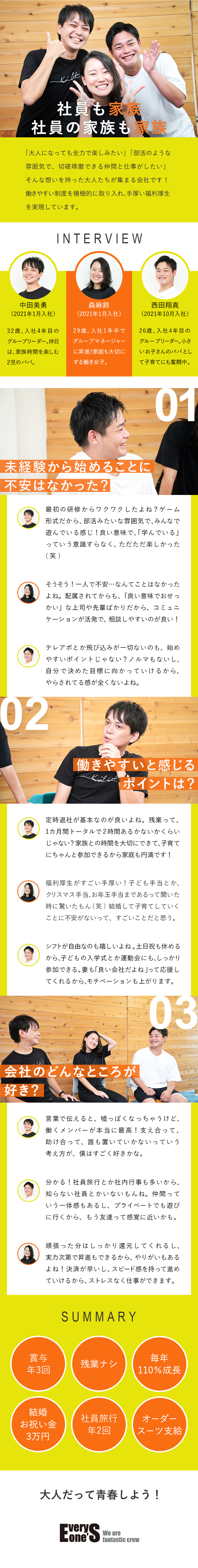 大人の青春★まるで部活？今を全力で楽しむ仲間が集結／財団が認める働きやすさ★ホワイト企業判定SSS評価／魅力全開★賞与年3回／スピード昇進可／社内行事多数／合同会社Everyone'S（エブリワンズ）