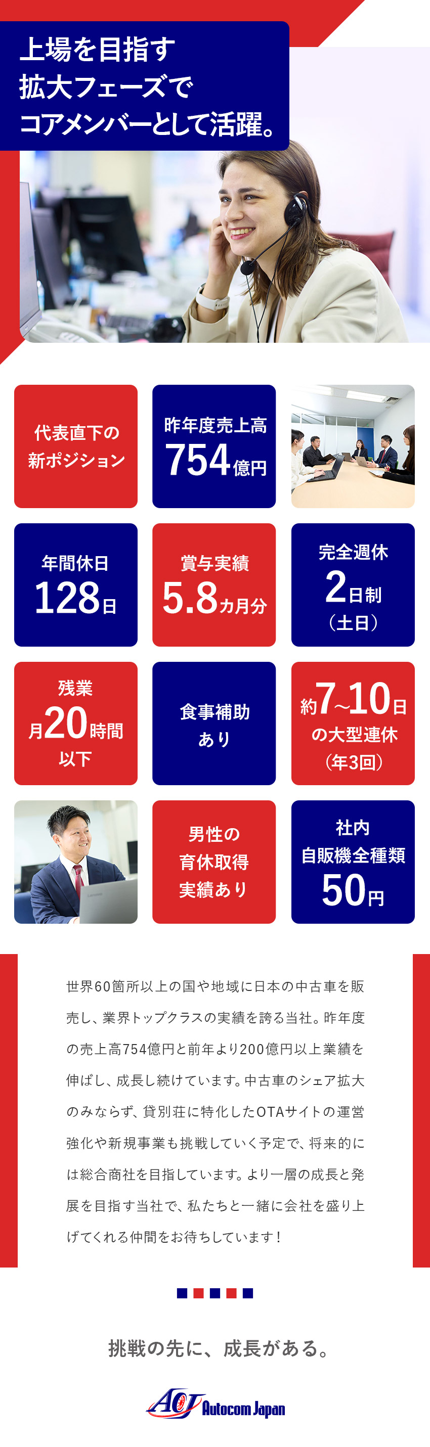 昨年度の売上高754億円◎設立17年の安定企業／新ポジション◎成長企業の中核を担い活躍できる／環境◎年休128日／土日祝休み／残業月20h以下／オートコムジャパン株式会社