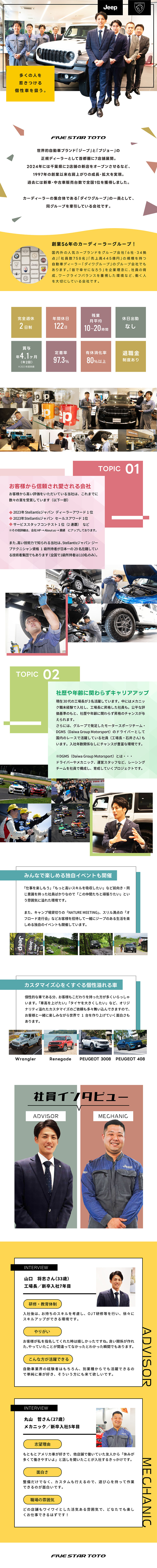 【数々の賞を受賞】ジープ・プジョーの正規ディーラー／【年休122日】完全週休2日制／月9日～13日休み／【残業月10～20時間】賞与昨年実績4.1ヶ月分／株式会社ファイブスター東都【ジープ / プジョー 正規ディーラー】