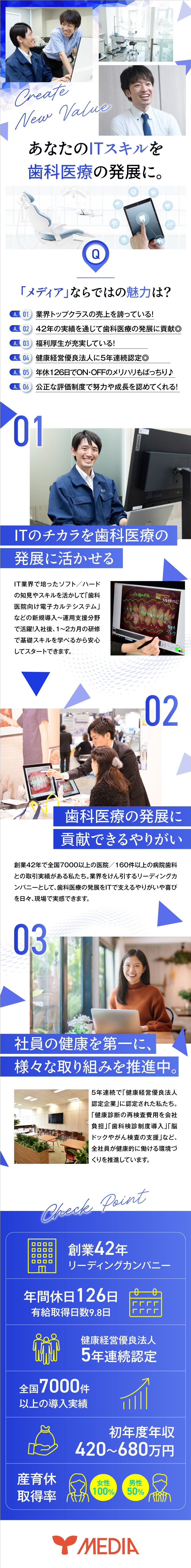 【実績】歯科用電子カルテシステムで業界トップクラス／【研修】約2ヵ月の研修！専門知識は入社後に習得／【拡大】上場準備中！／業界のリーディングカンパニー／メディア株式会社