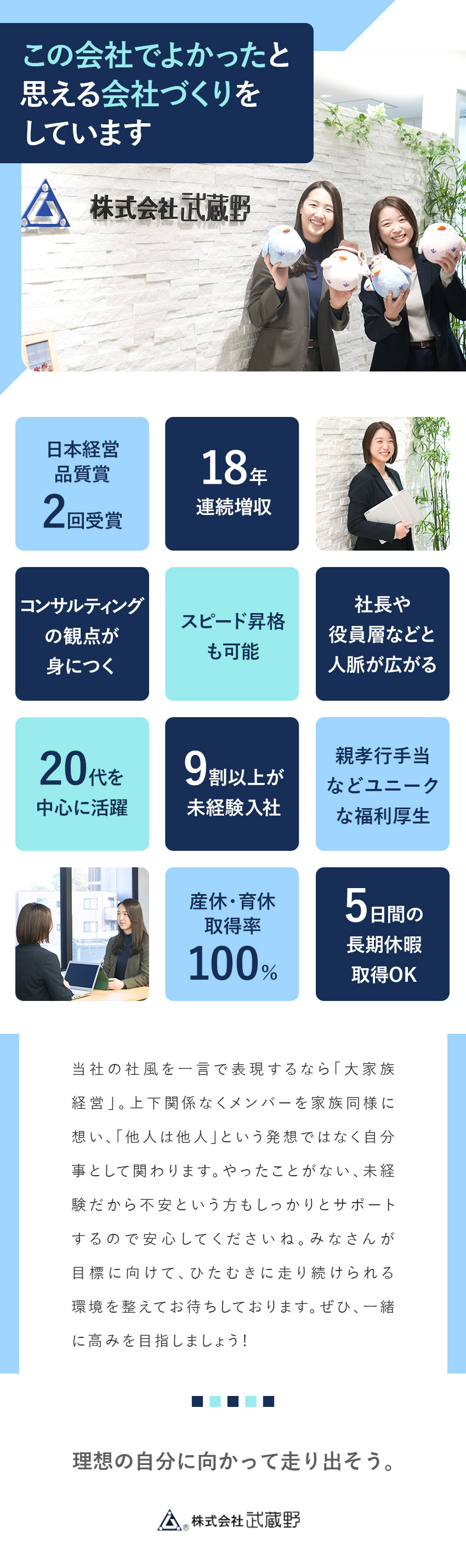 【業績好調】18年連続収益、日本経営品質賞2回受賞／【早期昇進】社歴や年齢関係なし／入社3年で課長にも／【定着率95％】3年連続「健康経営優良法人」認定／株式会社武蔵野