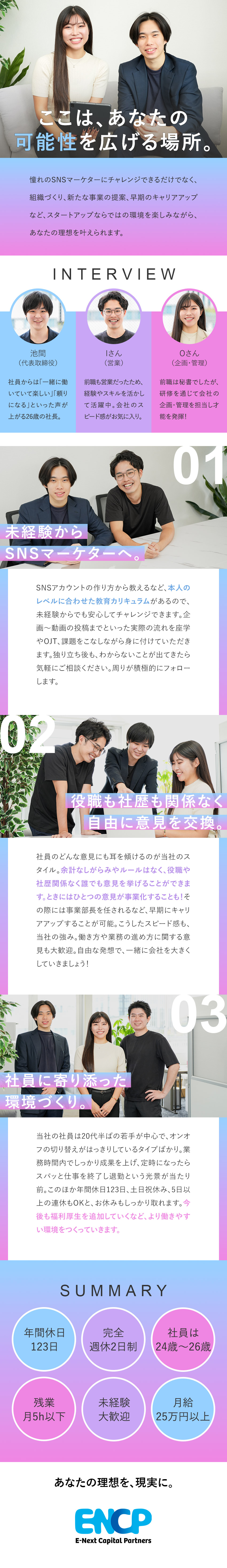 未経験からSNSマーケターになれる貴重なチャンス！／半年～8カ月かけて行うレベルに合わせた研修を用意／年休123日／残業月5h程度／月給25万円以上／株式会社Ｅ‐Ｎｅｘｔ　Ｃａｐｉｔａｌ　Ｐａｒｔｎｅｒｓ