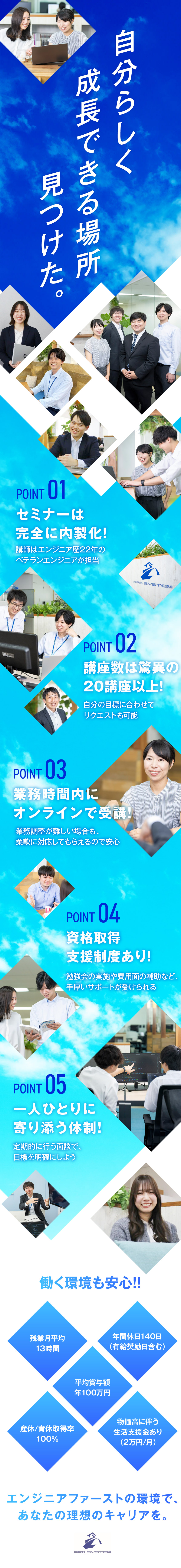 【言語・経験年数は不問】経験が浅い方も安心の環境◎／20講座以上の社内研修＆資格取得支援制度で成長！／平均賞与100万円以上／年休140日以上も可能／アークシステム株式会社