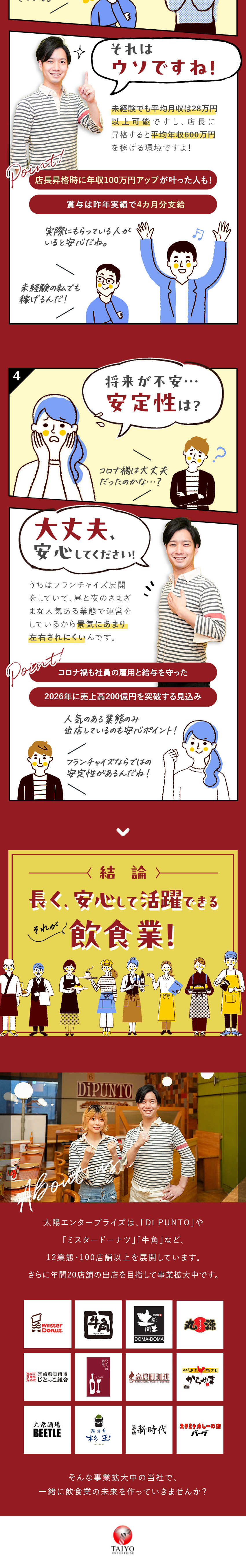 【給与◎】店長昇格で年収600万円可／賞与4カ月分／【働き方◎】4週8休み／半年に1回4連休取得OK／【安定性◎】新規出店続々／店長などポストの空き多数／株式会社太陽エンタープライズ(ミスタードーナツ・高倉町珈琲・牛角・Di PUNTO等)