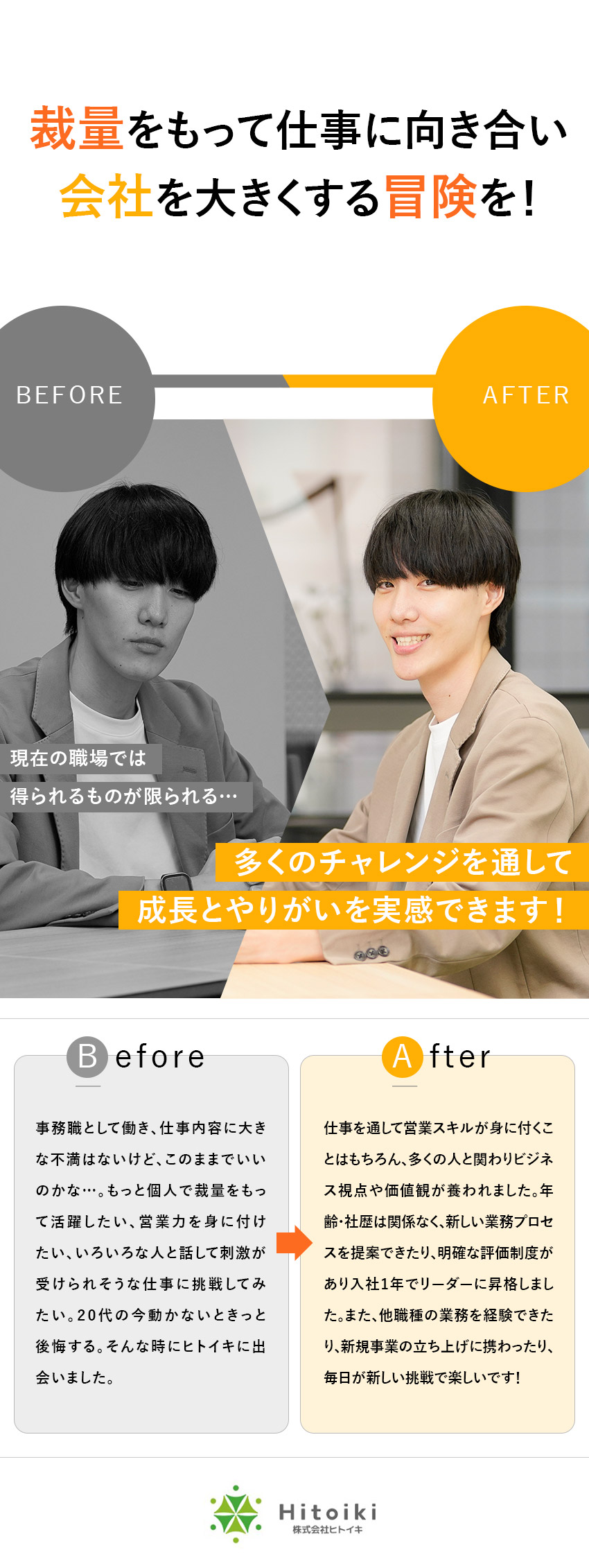 【多彩な挑戦】新事業・拠点立上げ予定／社内公募制／【早期で活躍】正当評価で1年で役職者に昇格実績あり／【好環境◎】未経験でも月額41万円～／年休125日／株式会社ヒトイキ