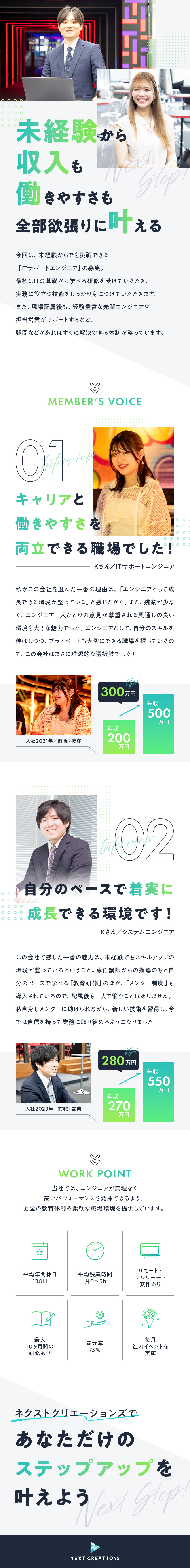 ★＞最大10ヶ月のリモート研修で安心して学習！／★＞「入社3年」でリーダー昇格も可能な成長機会！／★＞定期的なイベントで、社員間の交流を促進！／株式会社ネクストクリエーションズ