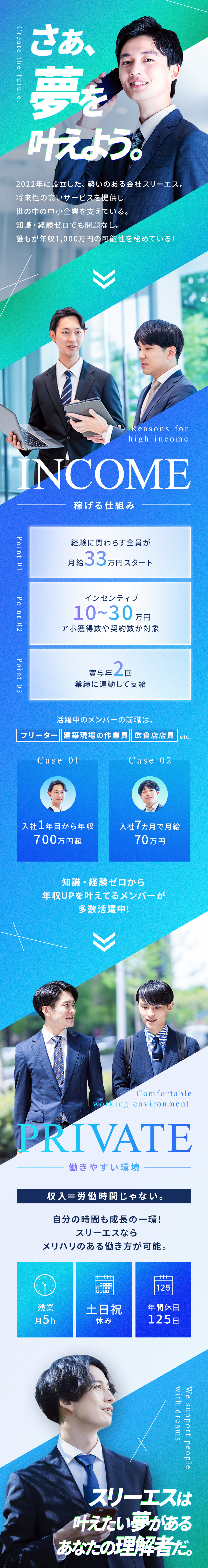 【稼げる】月給33万円～＋インセンティブで高収入／【評価】明確な制度であなたの頑張りを還元／【メリハリ】残業月5ｈ以下／土日祝休／年休125日／株式会社スリーエス