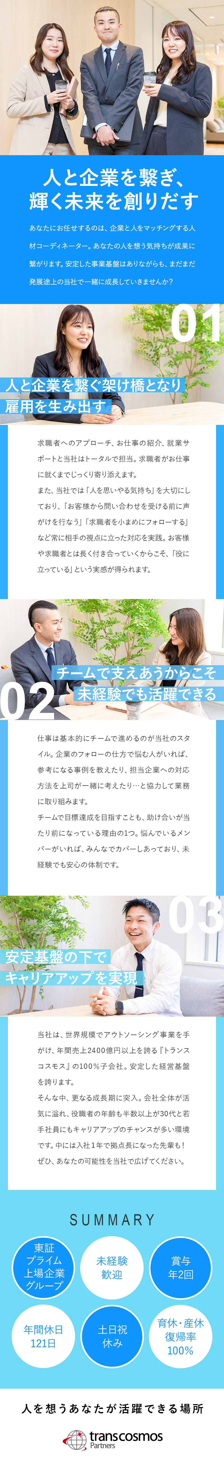 成長：未経験でも1年で拠点の責任者に成長できる／休み：完全週休2日制／土日祝休み／年休121日／安定：東証プライム上場トランスコスモス100％出資／トランスコスモスパートナーズ株式会社（トランスコスモス株式会社100%出資企業）