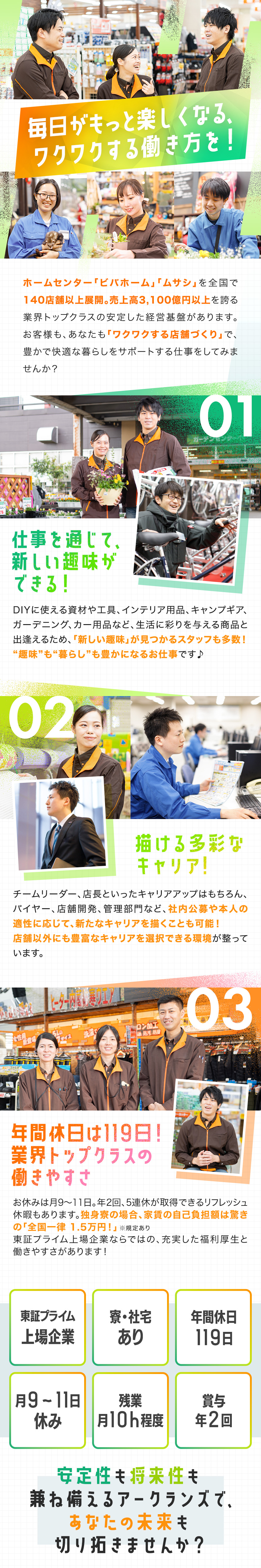 【東証プライム上場】業界トップクラスの安定性◎／【キャリア】将来はバイヤーや管理部門など多彩な道も／【働きやすさ】月9～11休み／年休119日／残業少／アークランズ株式会社【プライム市場】