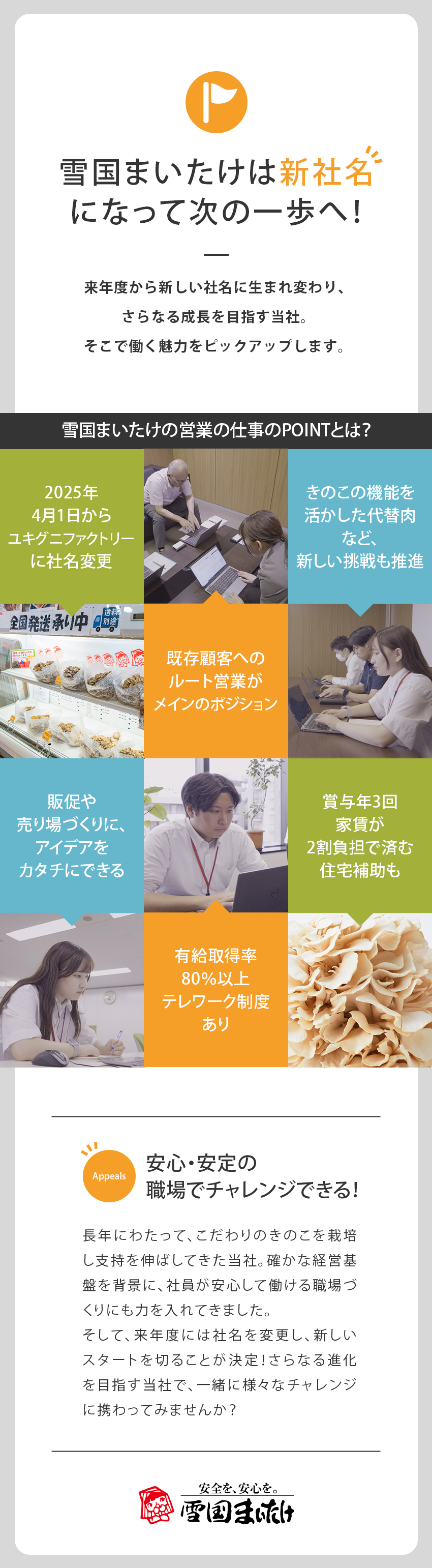 【安定性】きのこ業界のトップブランド／高い知名度◎／【働きやすさ】残業月20h未満／テレワークも可／【やりがい】販促や売り場づくりにアイデアをカタチに／株式会社雪国まいたけ【プライム市場】