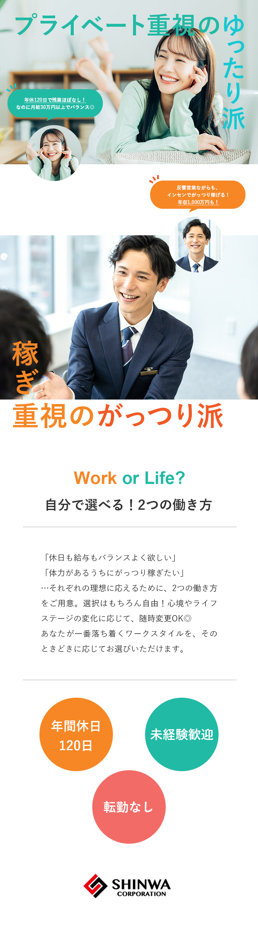 ライフスタイルに応じて働き方を選べる！途中変更OK／【1】残業ほぼなし！年休120日！ 月給30万円～／【2】残業月30h程！インセン高還元！年収1千万も／株式会社新和コーポレーション