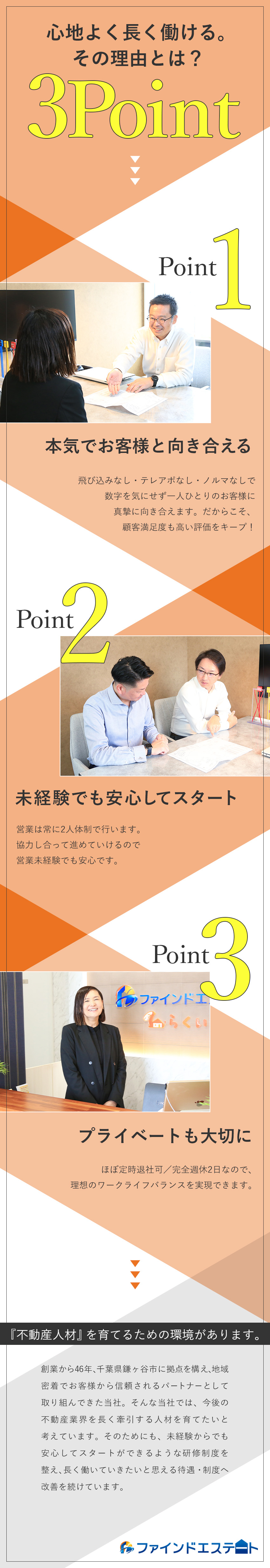 仕事◆完全反響営業×地域密着型の不動産営業／基盤◆創業46年の安定基盤／売上8年連続115%増／環境◆残業ほぼなし／完全週休2日／インセンティブ有／ファインドエステート株式会社