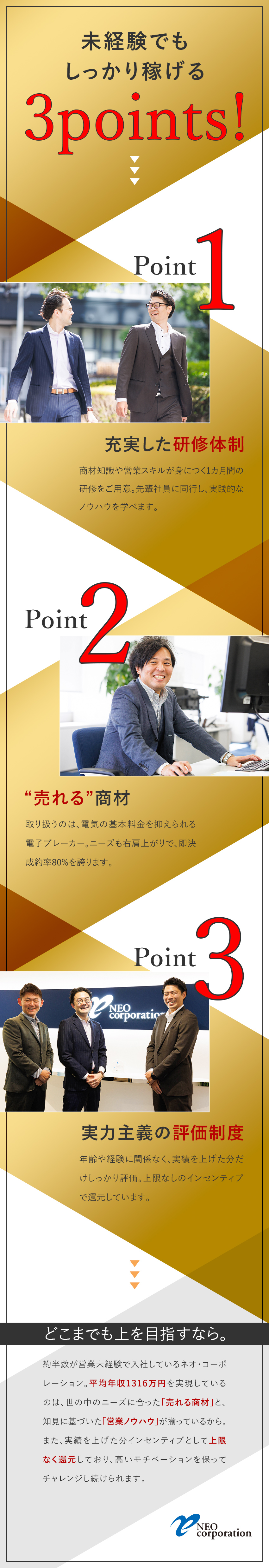 【平均年収1316万円】実力主義の評価で収入UP／【未経験入社4割超】全員が稼げるようになる研修あり／【即契約率8割超の商品力】業界シェアトップクラス／株式会社ネオ・コーポレーション