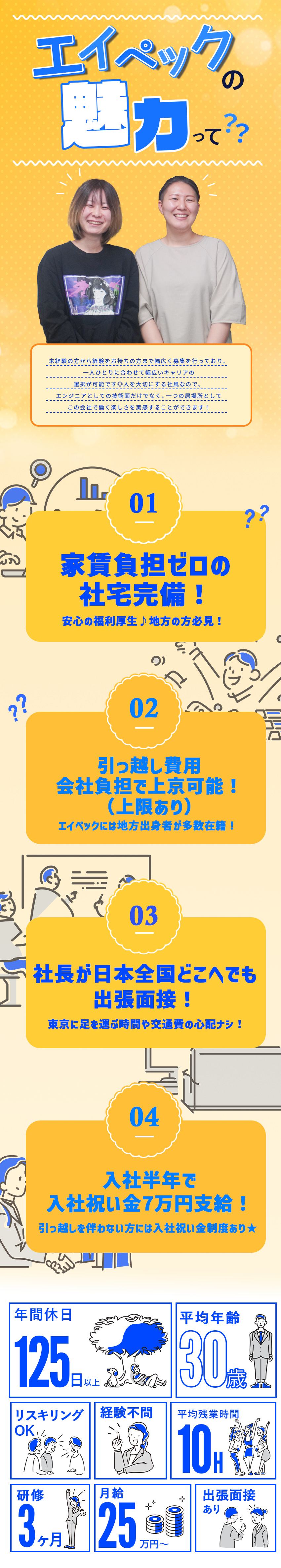 一人ひとりの適正に合う教育体制やプロジェクト選び◎／【手当】資格手当充実！30種類以上の制度アリ／【社風】人を大切にする温かい社風。平均年齢30歳。／株式会社エイペック