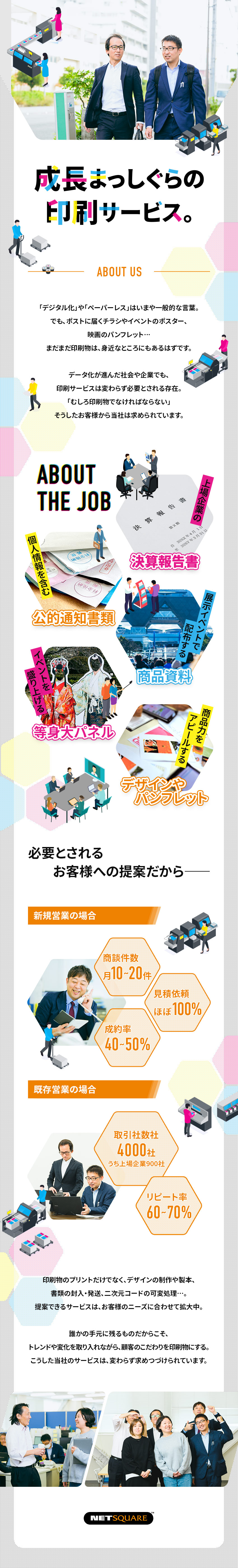 取引社数4000社超の安定企業による育成前提募集！／新規開拓でも成約率約50％！顧客から求められる営業／年休120日／土日祝休み／平均残業1日1h以下！／ネットスクウェア株式会社