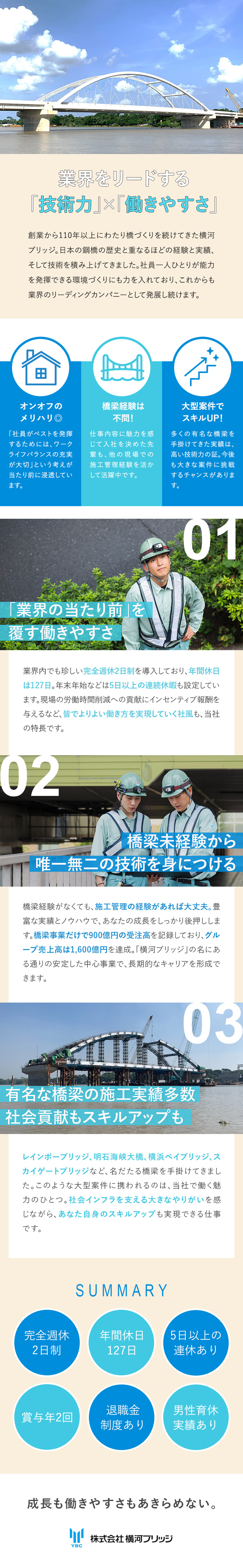 【安定性】創業116年／グループ売上高1600億円／【やりがい】橋梁を通して歴史に残る仕事・社会貢献◎／【待遇】完休2日（土日）／年休127日／賞与年2回／株式会社横河ブリッジ(横河ブリッジホールディングスグループ)