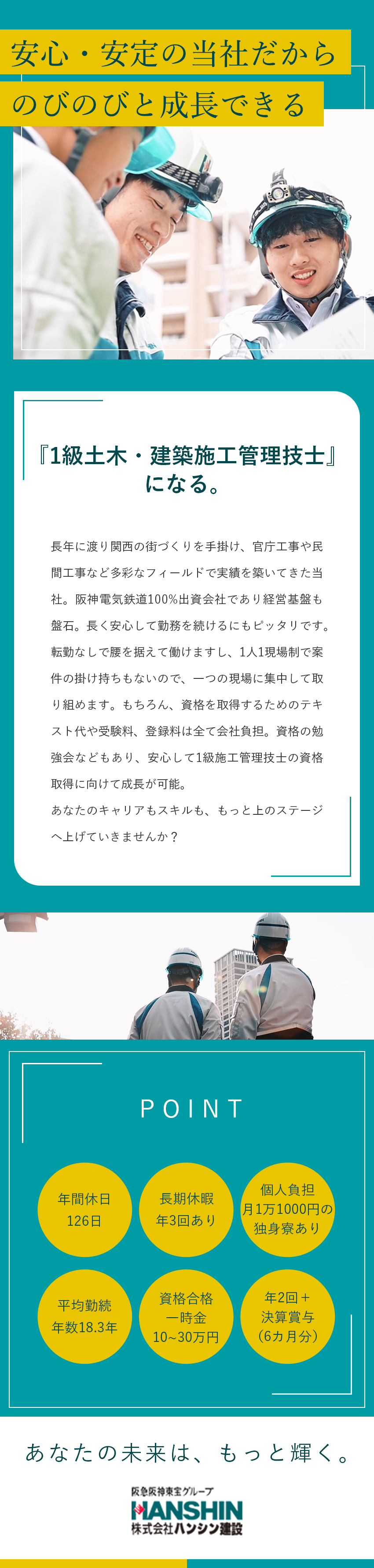 ★創立81年の実績／阪急阪神東宝グループの安定性◎／★1級施工管理技士を目指せる／合格一時金10万円～／★大規模案件も多数！1人1現場制で掛け持ち案件なし／株式会社ハンシン建設(阪急阪神東宝グループ)