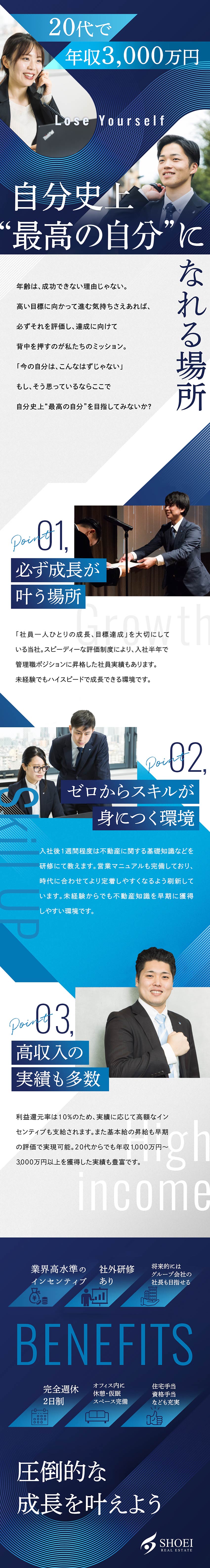 【高い利益還元率】年収3,000万円も目指せる！／【誰でも活躍可】独自のシステムで成果が出やすい！／【研修充実】不動産基礎知識からしっかりサポート！／株式会社翔栄