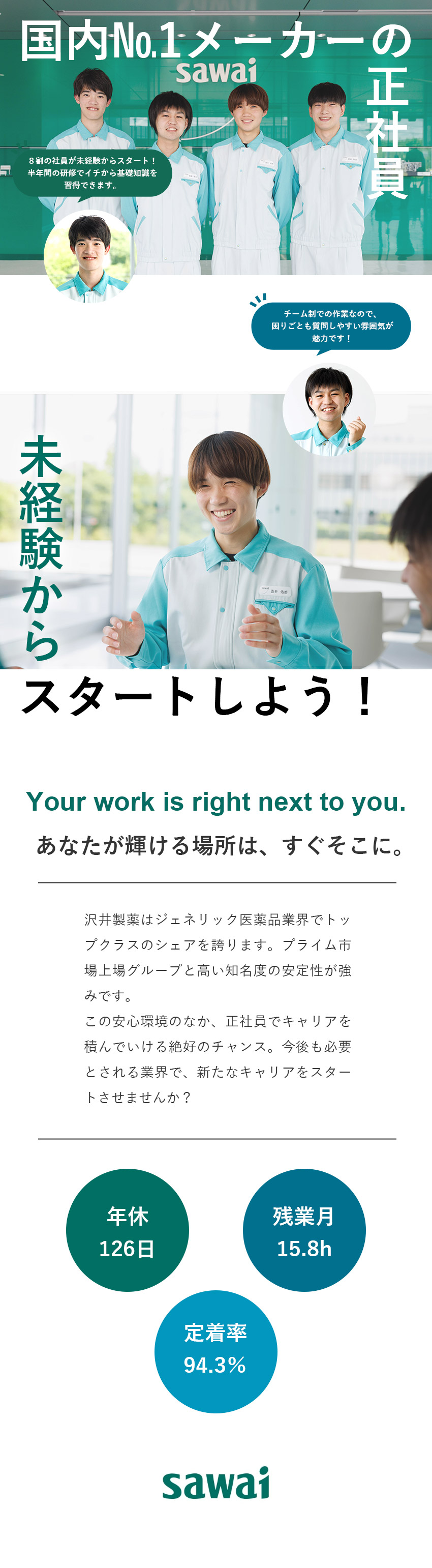 【安定◎】4期連続売上達成！生産強化のため増員中！／【働きやすさ】年休126日／残業少／定着率94%／【福利厚生】社宅あり／産休実績あり・復職率100%／沢井製薬株式会社(サワイグループホールディングス)