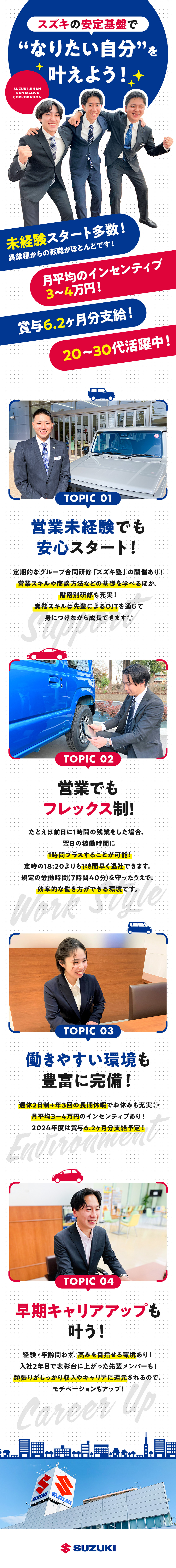 【未経験歓迎◎】経験・年齢問わず、大歓迎！／【フレックス制度あり◎】早ければ14時退勤も可能！／【働きやすさ◎】賞与6.2か月分+社宅補助あり！／株式会社スズキ自販神奈川