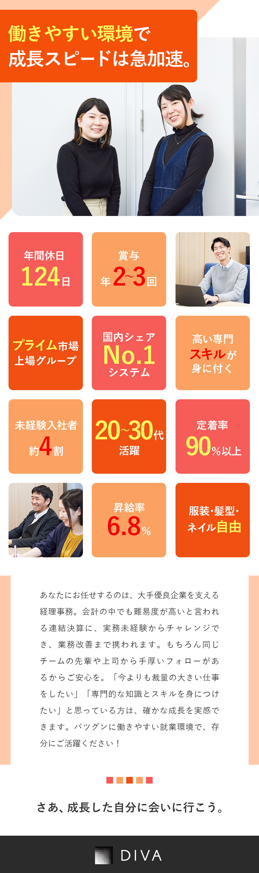 未経験から簿記を活かし決算業務の経験を積める／プライム市場上場のアバントグループで安心の企業基盤／実務未経験歓迎／残業20h程度／年間休日124日／株式会社ディーバ