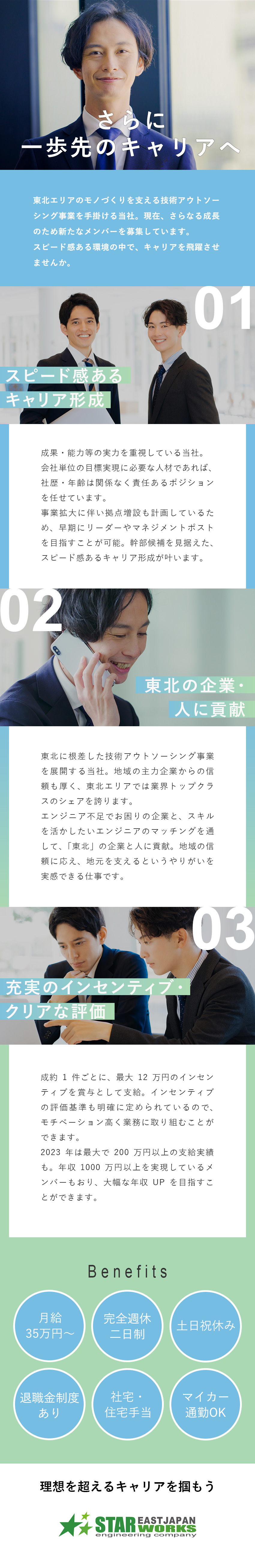 【キャリアアップ】マネージャー・幹部候補として活躍／【インセン充実】昨年実績：50万円～200万円以上／【待遇】月給35万円～／土日祝休／マイカー通勤OK／東日本スターワークス株式会社(スターワークスグループ)