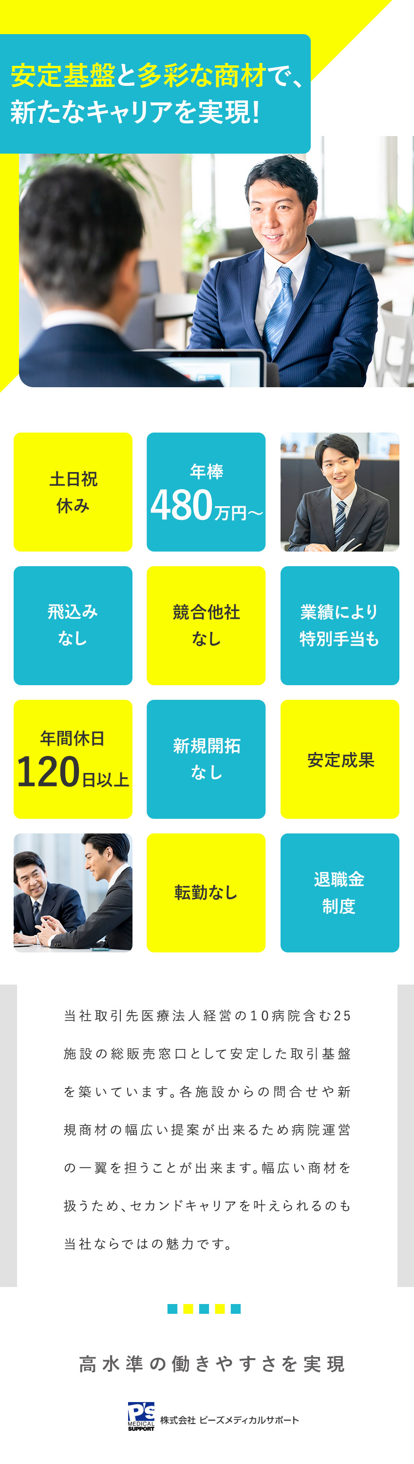 安定◇医療法人経営10病院含む25施設の総販売窓口／魅力◇安定成果／新規プロジェクトの参画も／働きやすさ◇年棒480万円～／年間休日120日以上／株式会社ピーズメディカルサポート