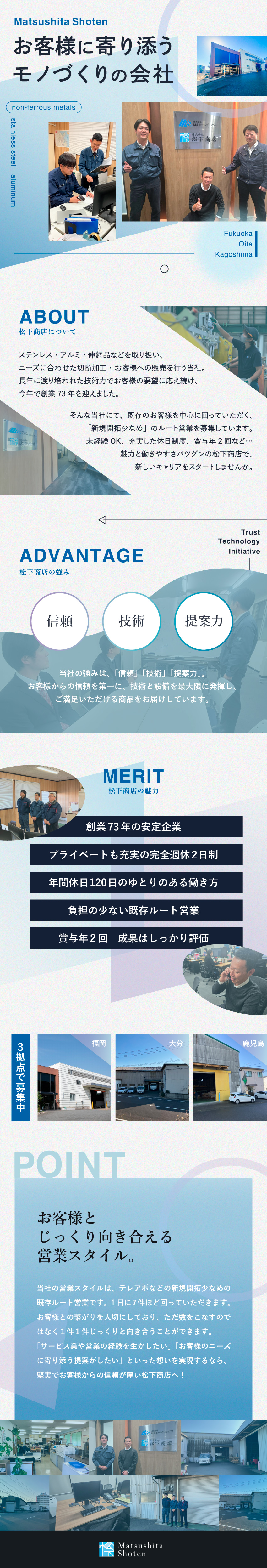 テレアポ等の新規開拓の少ない既存ルート営業／車通勤OK！福岡本社／大分／鹿児島の3拠点で募集！／賞与年2回（前年度実績：5～6カ月分）完全週休2日／株式会社松下商店