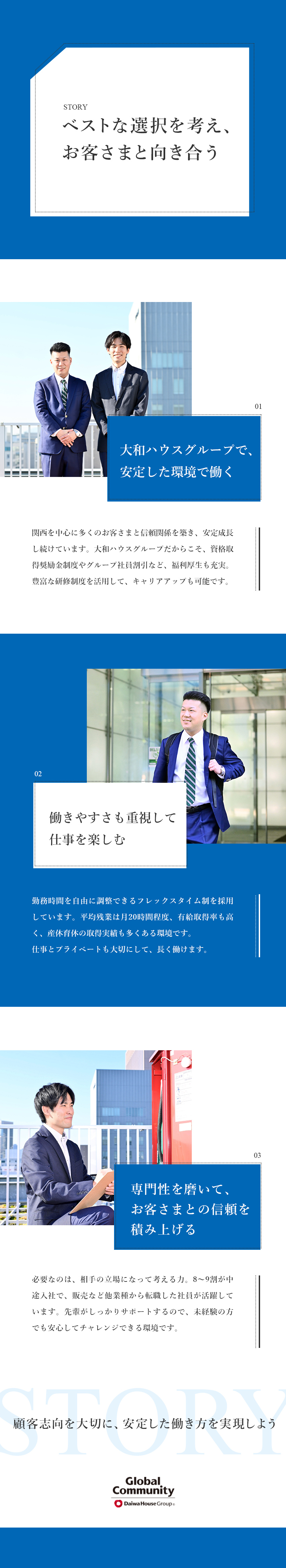 大和ハウスグループ／ストック産業／国家資格を目指せる仕事で、長くキャリアを築ける／フレックスタイム制／高い有給取得率／土日祝休み／グローバルコミュニティ株式会社(大和ハウスグループ)