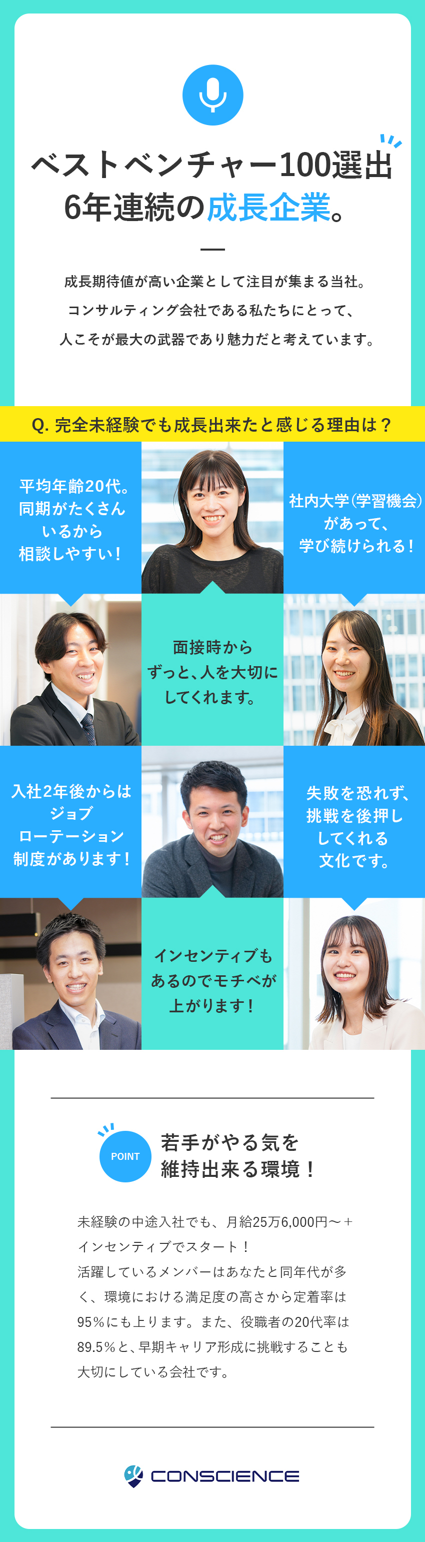 【未経験歓迎】社会人デビューOK／手厚い研修／【早期キャリアアップ】入社2年でリーダー／年収UP／【成長率165％】ベストベンチャー100選出企業／株式会社ＣＯＮＳＣＩＥＮＣＥ