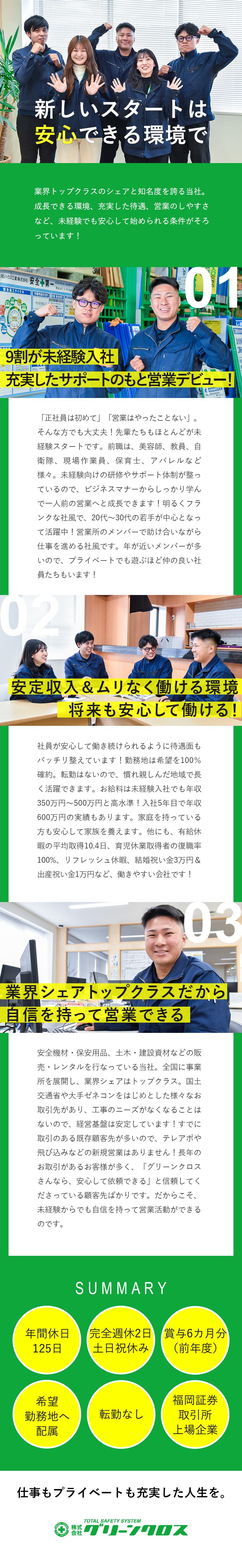 【安定基盤】15期連続で増収増益中の上場企業／【既存顧客中心】飛び込み営業やテレアポは一切なし！／【福利厚生充実】年休125日・土日祝休・各種手当有／株式会社グリーンクロス（福岡証券取引所上場）