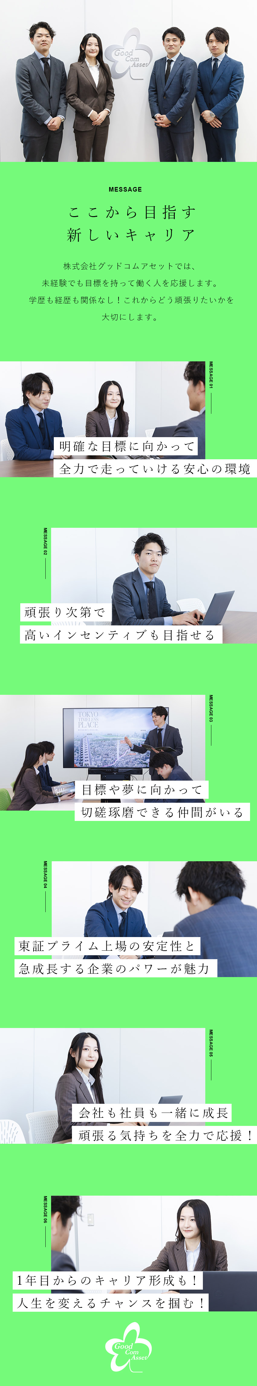 【安定】プライム上場企業／安定基盤の上で長く働く／【安心】未経験歓迎／学歴不問／応募者全員面接／【待遇】年収1000万円も目指せる高インセンティブ／株式会社グッドコムアセット【プライム市場】