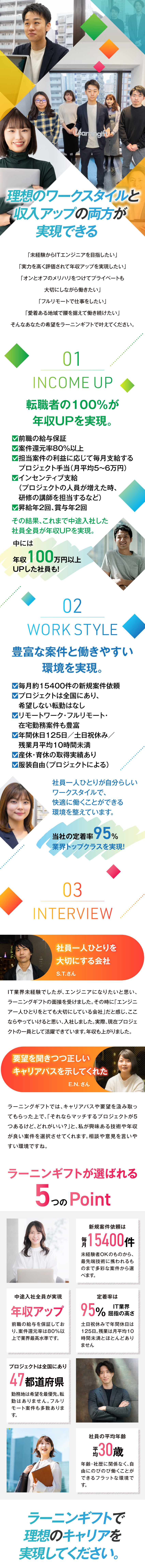 在宅勤務＋ゲーム・アプリ・AI等の案件／昇給賞与年2回＋案件完全選択制＋毎年業績200％／入社後年収100％UP＋年休125日＋在宅勤務あり／ラーニンギフト株式会社